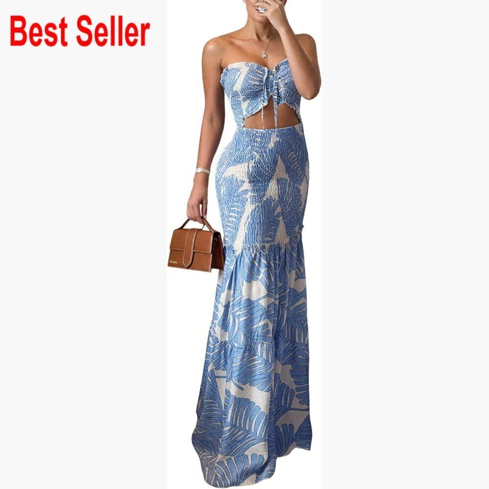 Floral Printed Prom Dress Tie Ruched Shirred Bandeau Party Dress Slim Fit